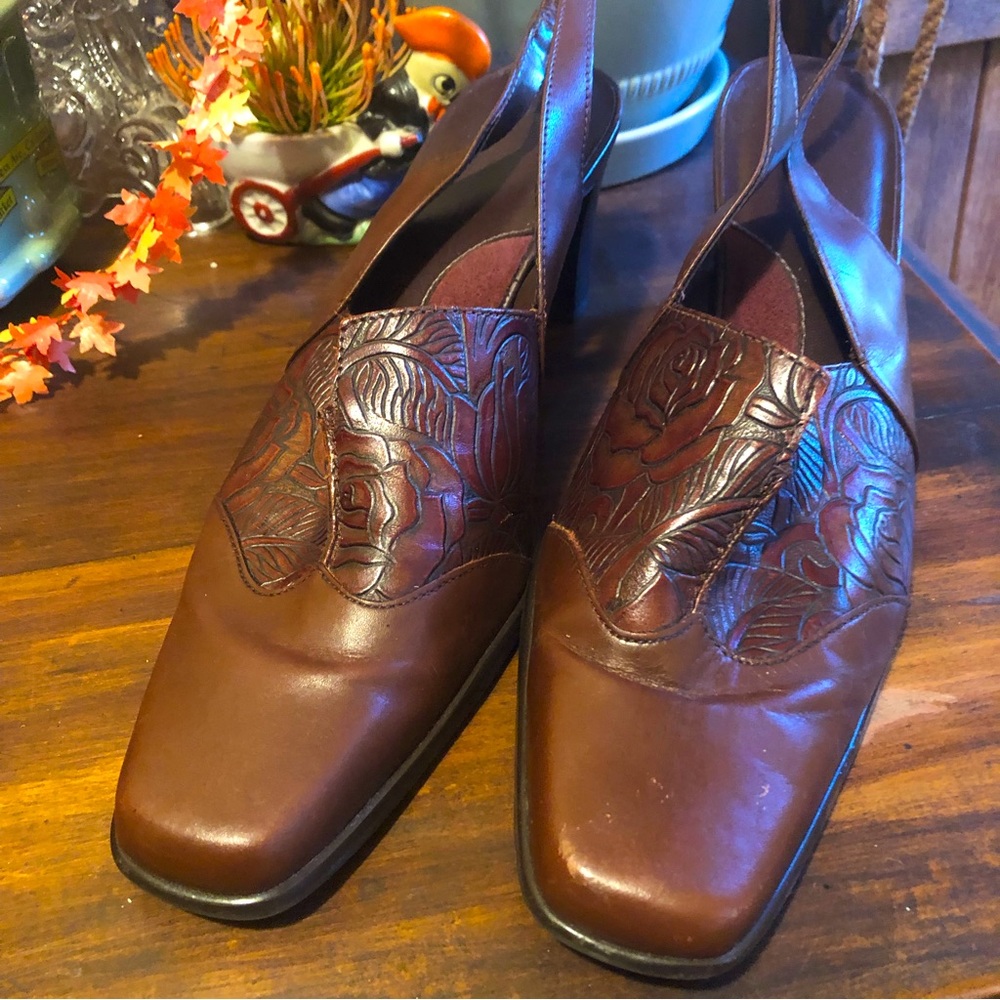 Leather Brown Slingback Shoes, Size 10